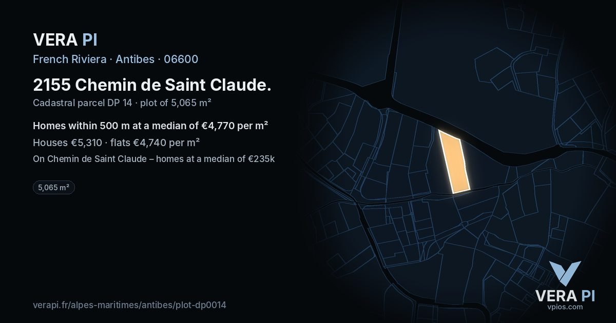 2155 Chemin de Saint Claude, Antibes at night – the plot lit, the parcels around coloured by the prices near them