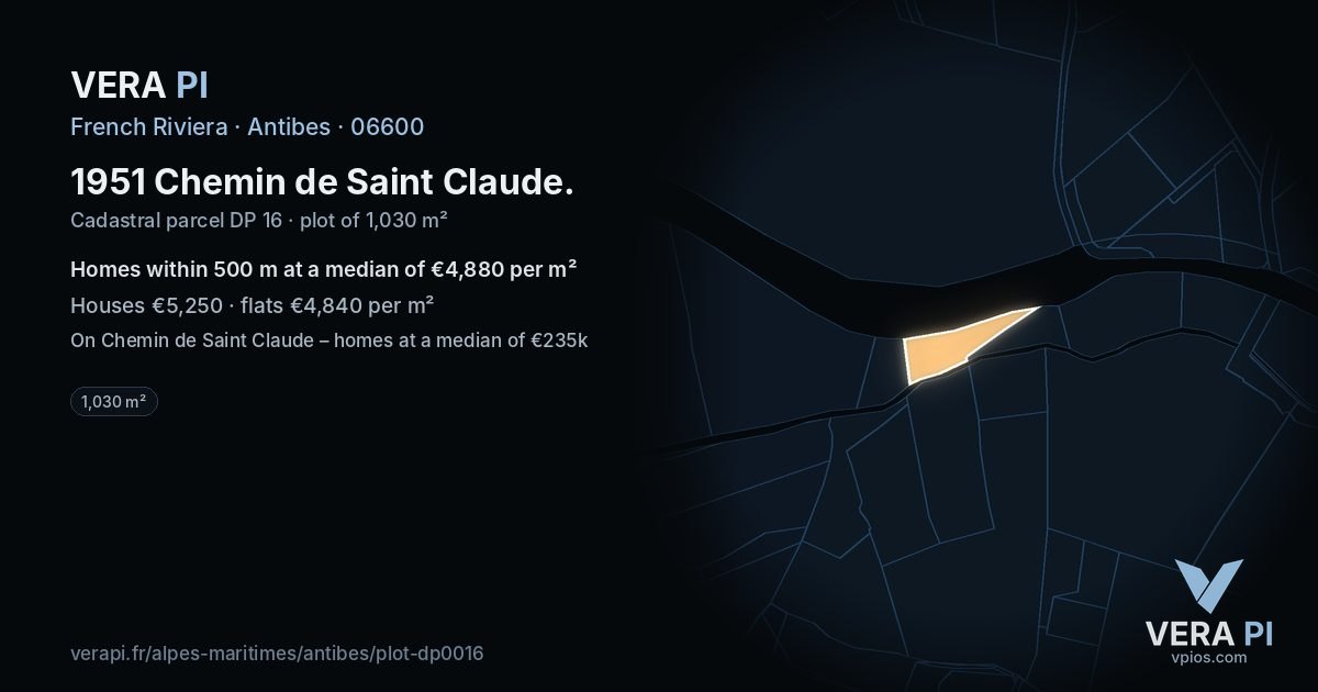 1951 Chemin de Saint Claude, Antibes at night – the plot lit, the parcels around coloured by the prices near them