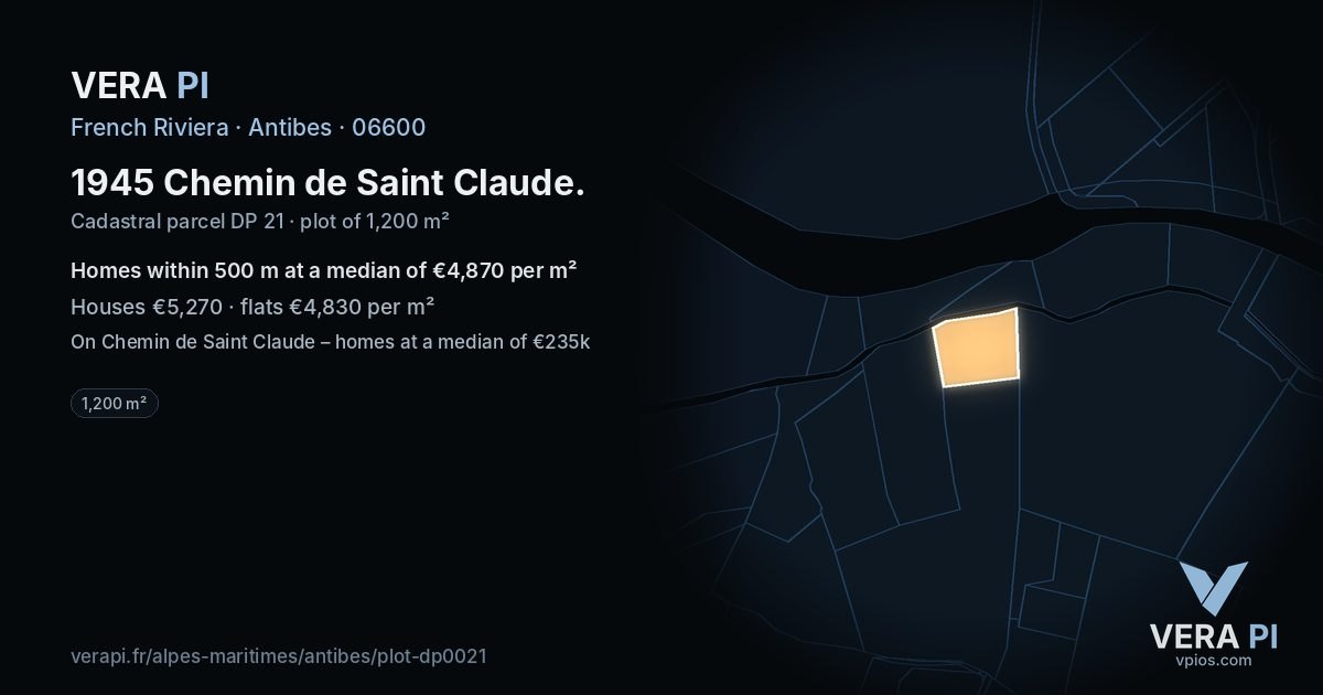 1945 Chemin de Saint Claude, Antibes at night – the plot lit, the parcels around coloured by the prices near them
