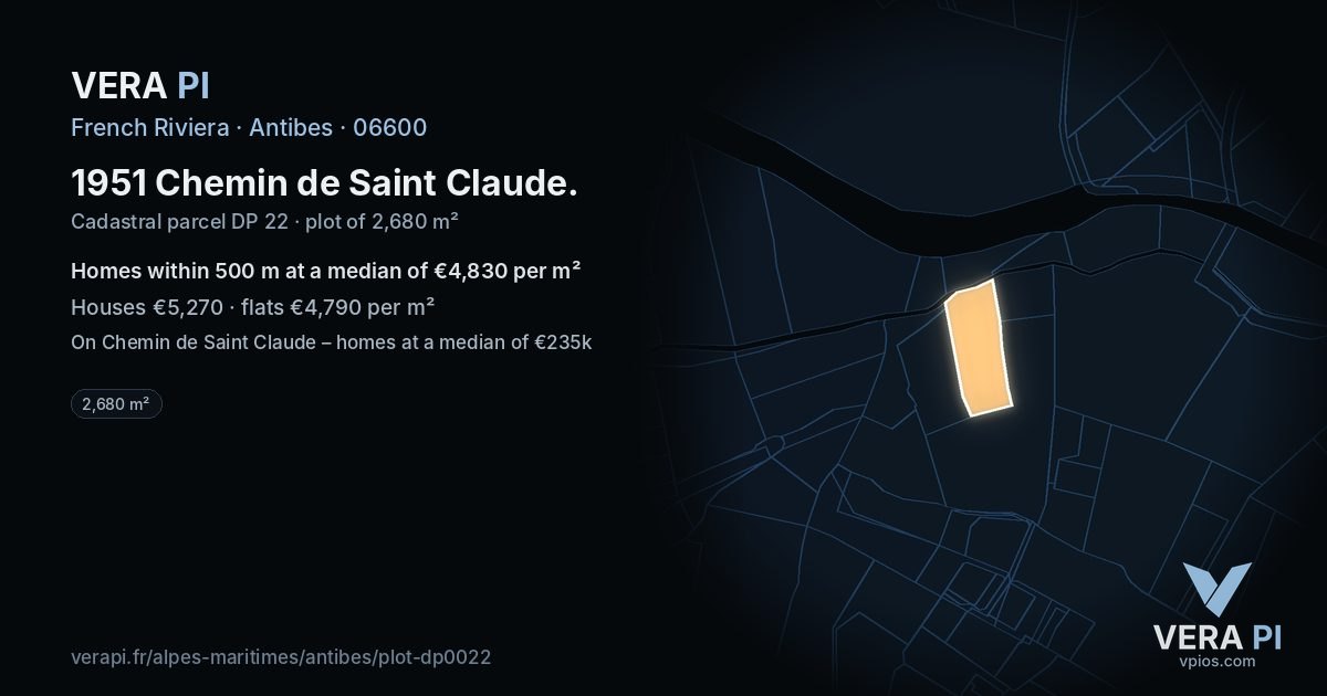 1951 Chemin de Saint Claude, Antibes at night – the plot lit, the parcels around coloured by the prices near them