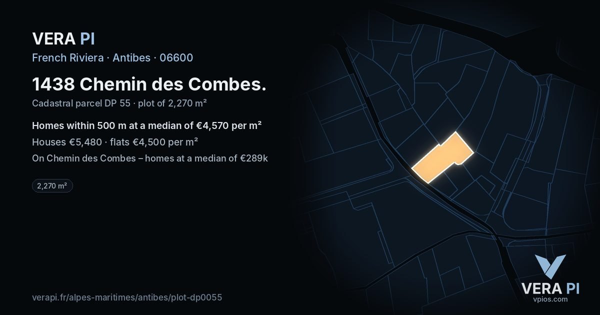 1438 Chemin des Combes, Antibes at night – the plot lit, the parcels around coloured by the prices near them