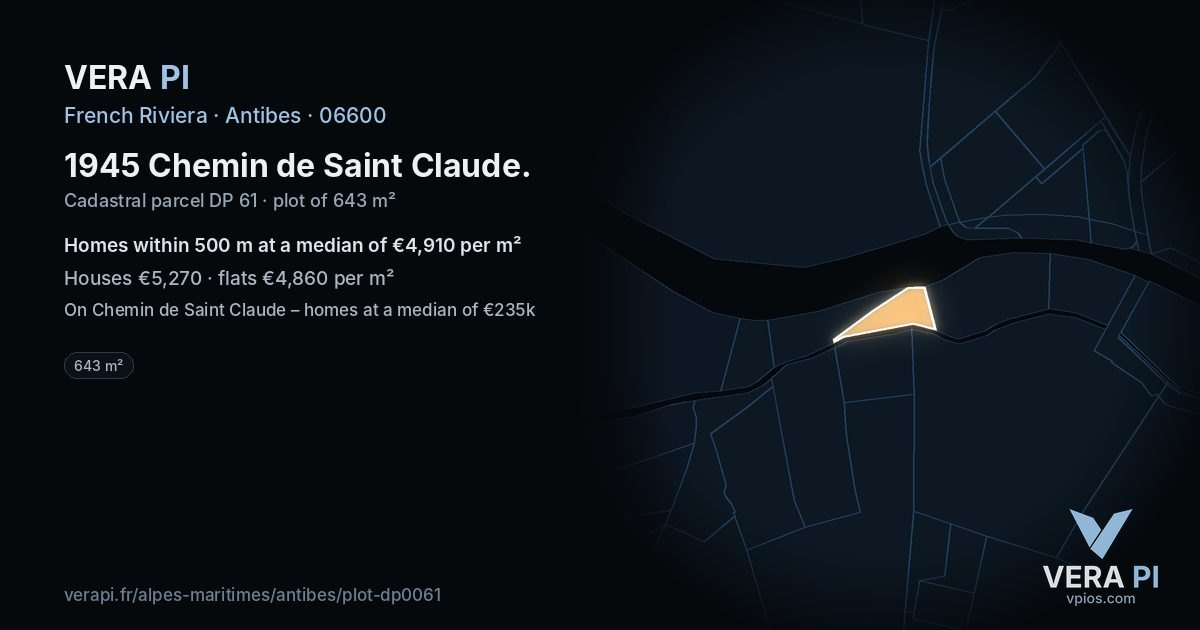 1945 Chemin de Saint Claude, Antibes at night – the plot lit, the parcels around coloured by the prices near them