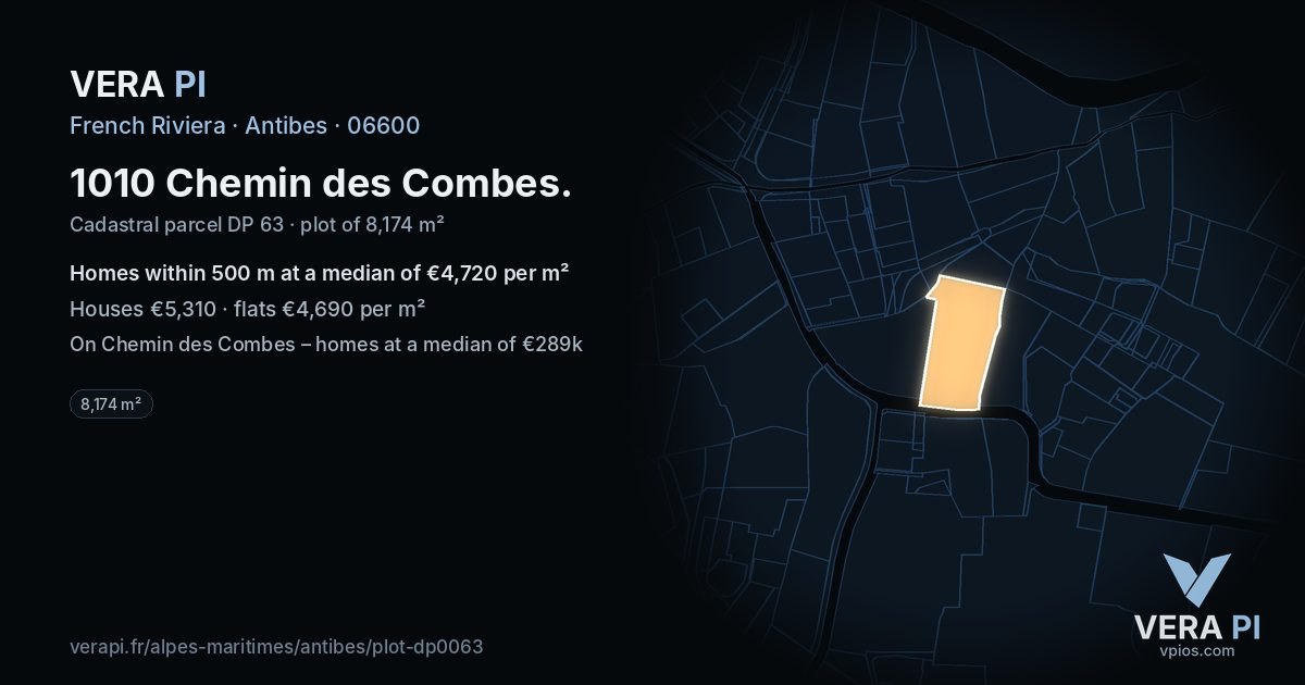 1010 Chemin des Combes, Antibes at night – the plot lit, the parcels around coloured by the prices near them