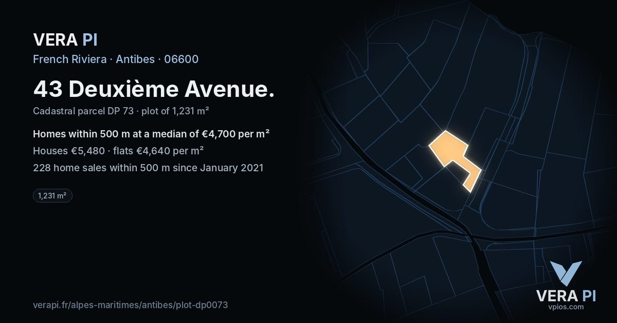 43 Deuxième Avenue, Antibes at night – the plot lit, the parcels around coloured by the prices near them