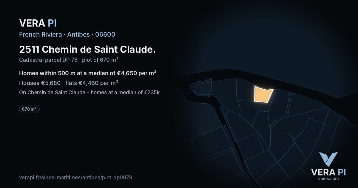 2511 Chemin de Saint Claude, Antibes at night – the plot lit, the parcels around coloured by the prices near them