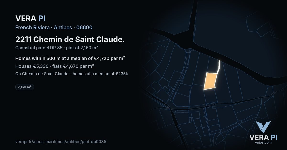 2211 Chemin de Saint Claude, Antibes at night – the plot lit, the parcels around coloured by the prices near them