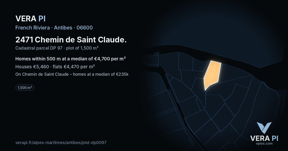2471 Chemin de Saint Claude, Antibes at night – the plot lit, the parcels around coloured by the prices near them