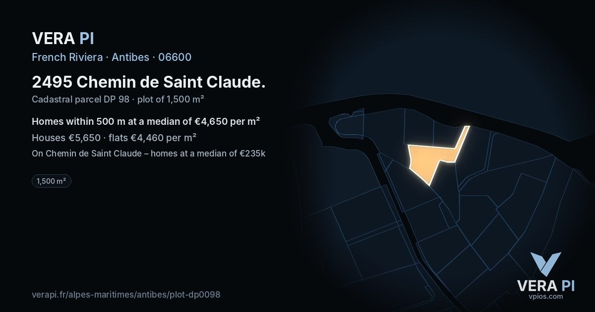 2495 Chemin de Saint Claude, Antibes at night – the plot lit, the parcels around coloured by the prices near them