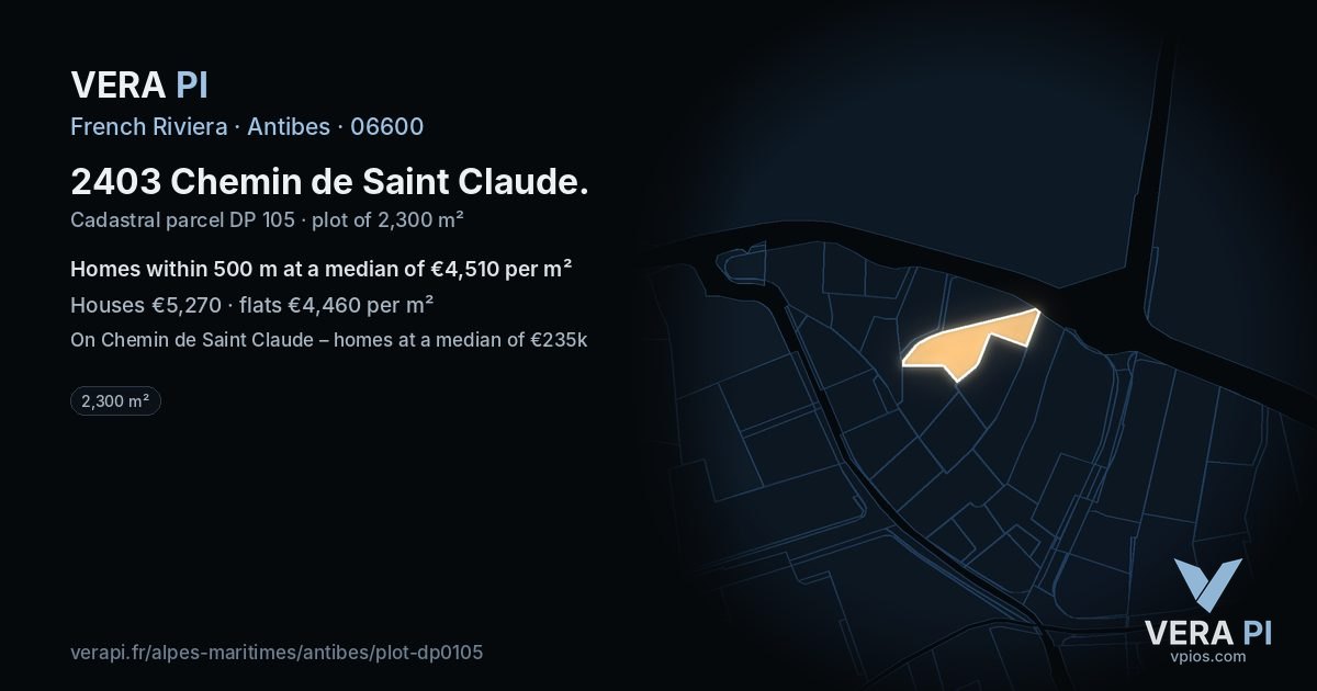 2403 Chemin de Saint Claude, Antibes at night – the plot lit, the parcels around coloured by the prices near them