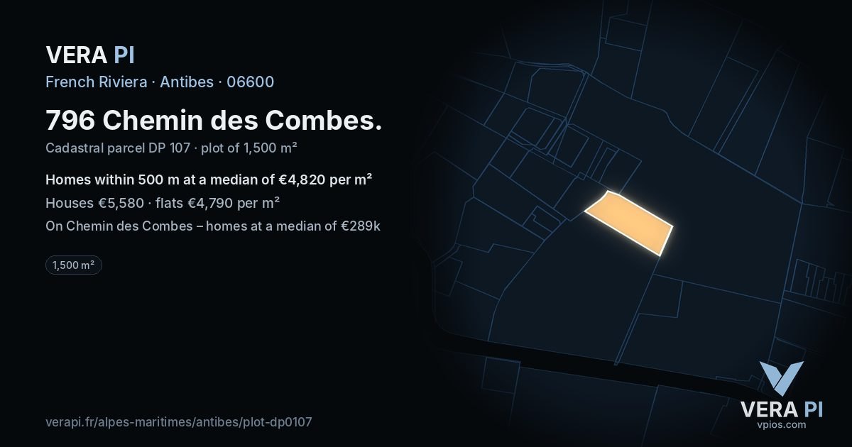 796 Chemin des Combes, Antibes at night – the plot lit, the parcels around coloured by the prices near them