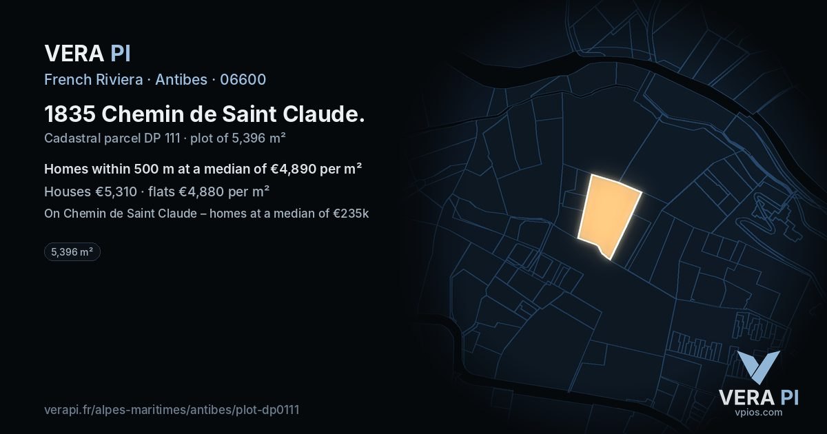 1835 Chemin de Saint Claude, Antibes at night – the plot lit, the parcels around coloured by the prices near them