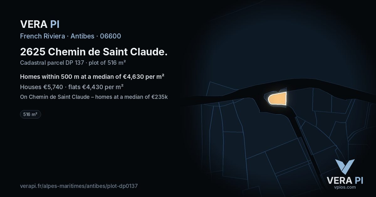 2625 Chemin de Saint Claude, Antibes at night – the plot lit, the parcels around coloured by the prices near them