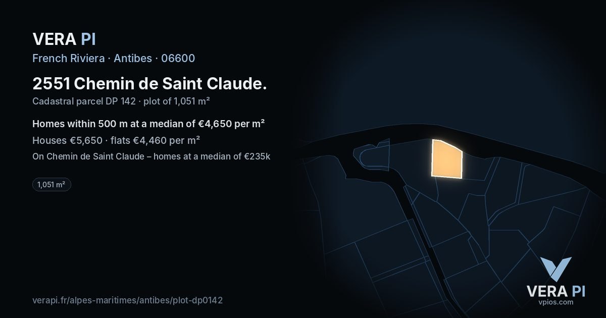 2551 Chemin de Saint Claude, Antibes at night – the plot lit, the parcels around coloured by the prices near them