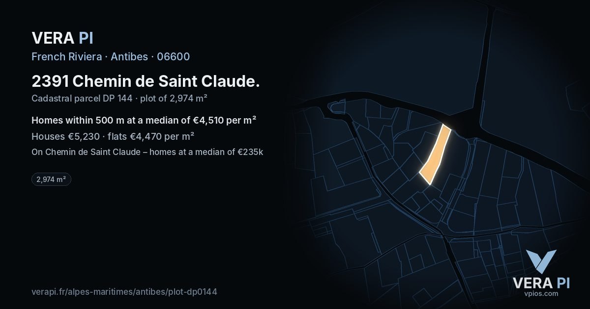 2391 Chemin de Saint Claude, Antibes at night – the plot lit, the parcels around coloured by the prices near them