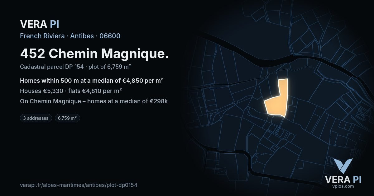 452 Chemin Magnique, Antibes at night – the plot lit, the parcels around coloured by the prices near them