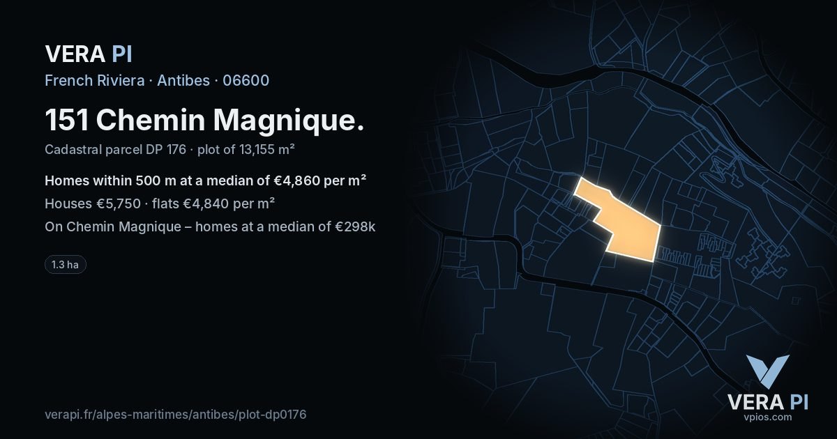 151 Chemin Magnique, Antibes at night – the plot lit, the parcels around coloured by the prices near them