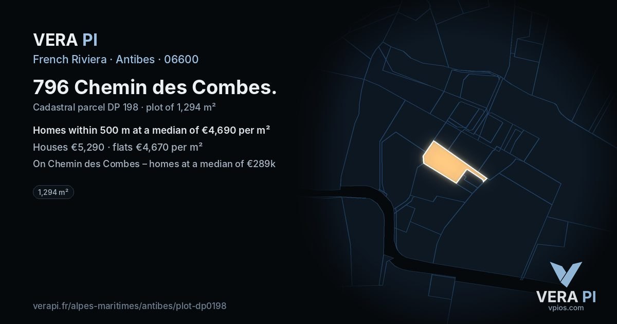 796 Chemin des Combes, Antibes at night – the plot lit, the parcels around coloured by the prices near them