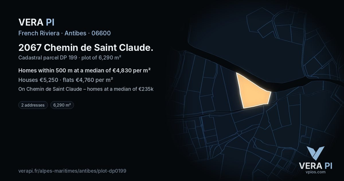 2067 Chemin de Saint Claude, Antibes at night – the plot lit, the parcels around coloured by the prices near them