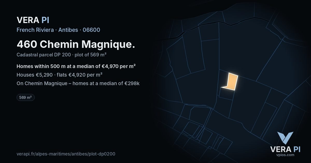 460 Chemin Magnique, Antibes at night – the plot lit, the parcels around coloured by the prices near them