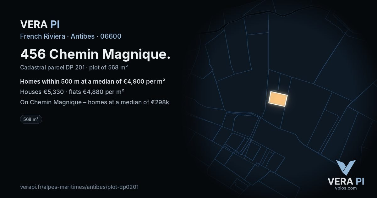 456 Chemin Magnique, Antibes at night – the plot lit, the parcels around coloured by the prices near them