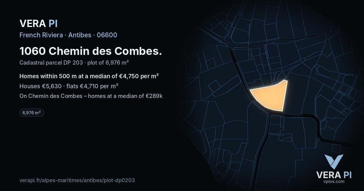 1060 Chemin des Combes, Antibes at night – the plot lit, the parcels around coloured by the prices near them