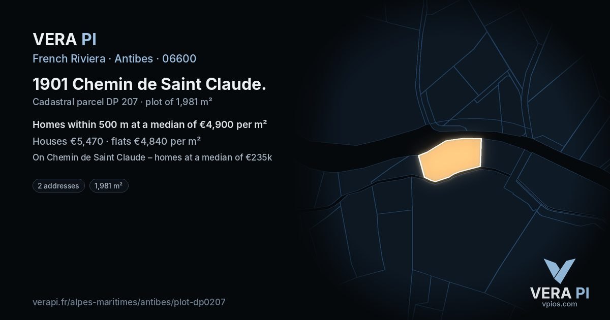 1901 Chemin de Saint Claude, Antibes at night – the plot lit, the parcels around coloured by the prices near them