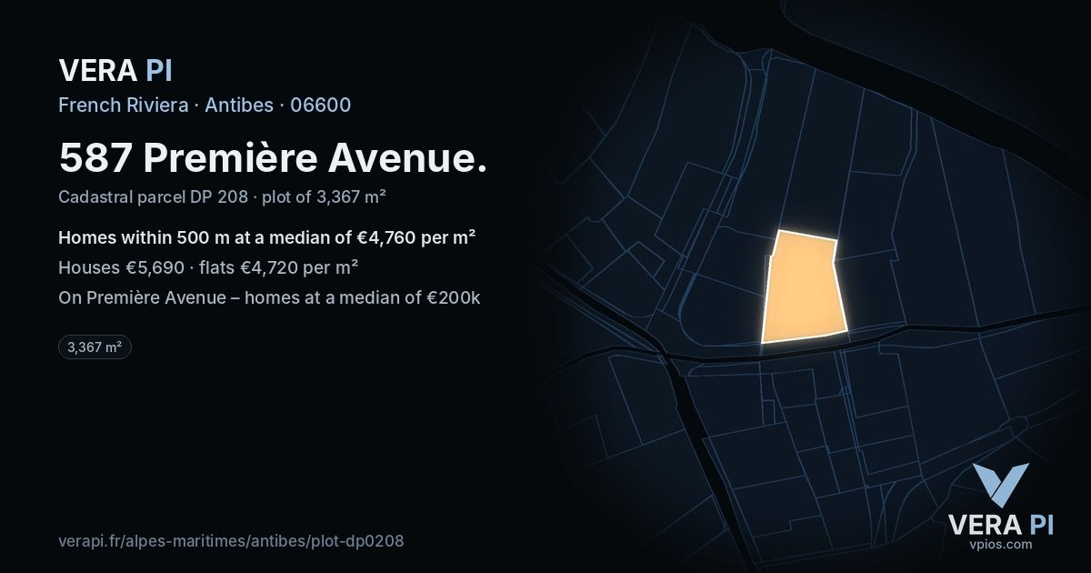587 Première Avenue, Antibes at night – the plot lit, the parcels around coloured by the prices near them