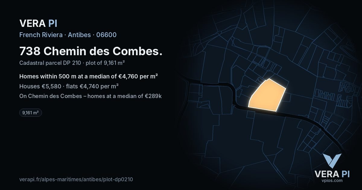 738 Chemin des Combes, Antibes at night – the plot lit, the parcels around coloured by the prices near them