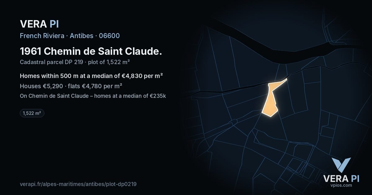 1961 Chemin de Saint Claude, Antibes at night – the plot lit, the parcels around coloured by the prices near them