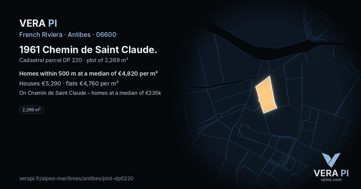 1961 Chemin de Saint Claude, Antibes at night – the plot lit, the parcels around coloured by the prices near them