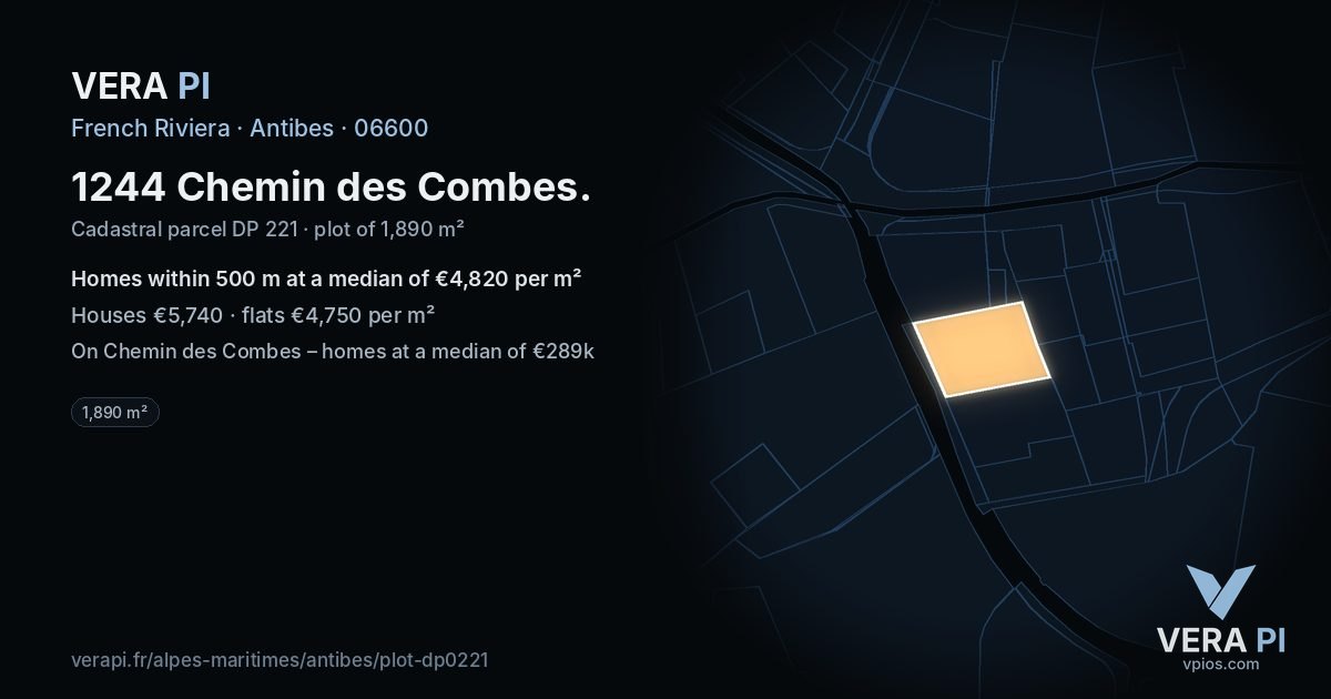 1244 Chemin des Combes, Antibes at night – the plot lit, the parcels around coloured by the prices near them