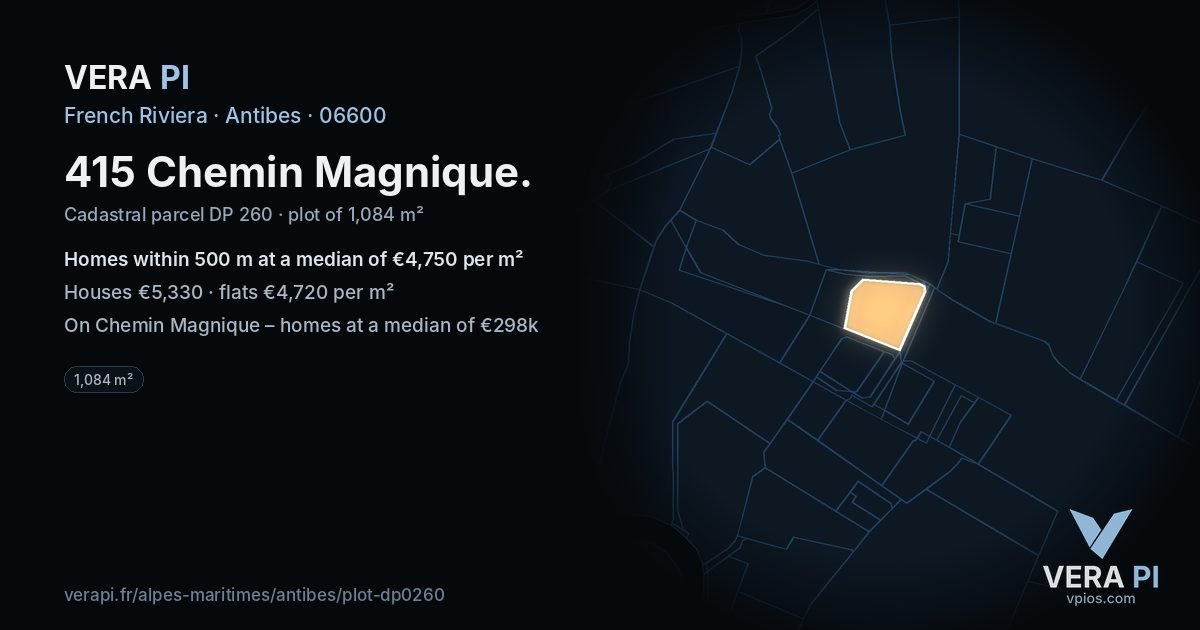 415 Chemin Magnique, Antibes at night – the plot lit, the parcels around coloured by the prices near them