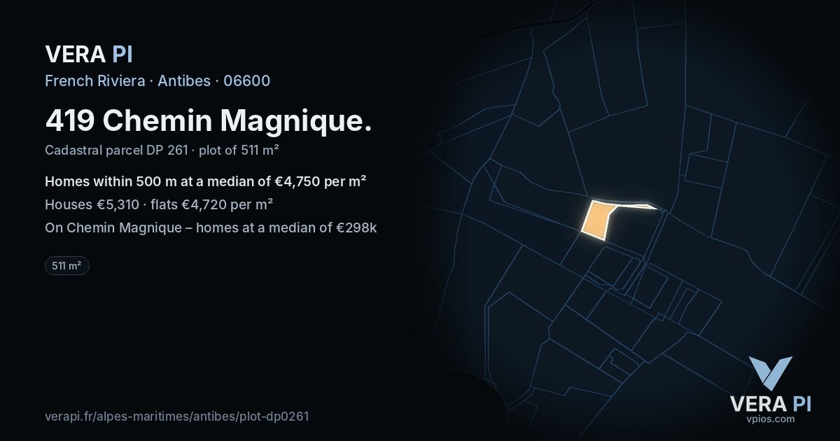 419 Chemin Magnique, Antibes at night – the plot lit, the parcels around coloured by the prices near them