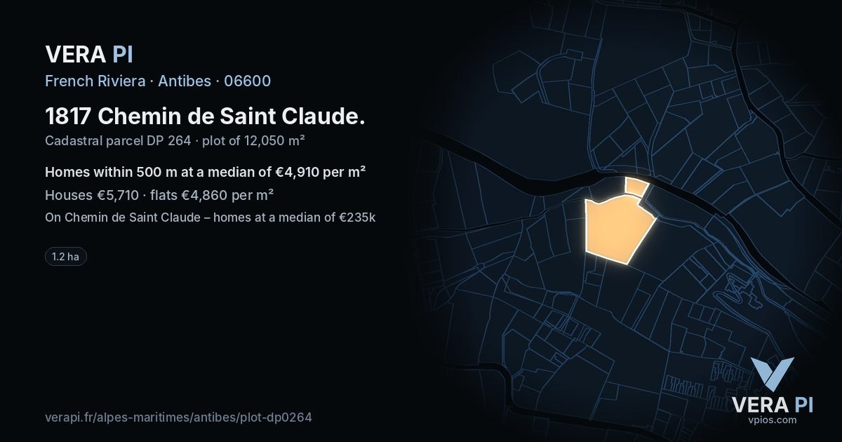 1817 Chemin de Saint Claude, Antibes at night – the plot lit, the parcels around coloured by the prices near them