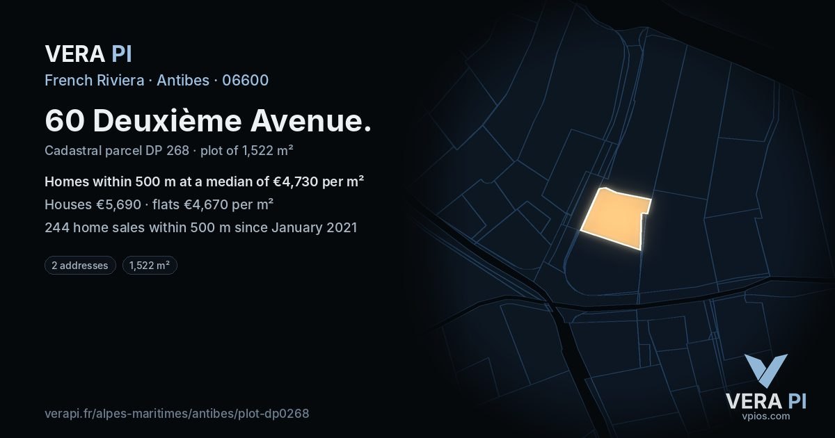 60 Deuxième Avenue, Antibes at night – the plot lit, the parcels around coloured by the prices near them