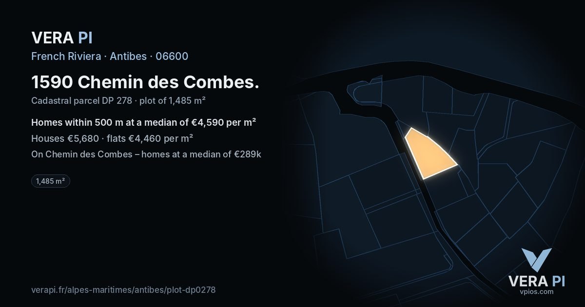 1590 Chemin des Combes, Antibes at night – the plot lit, the parcels around coloured by the prices near them