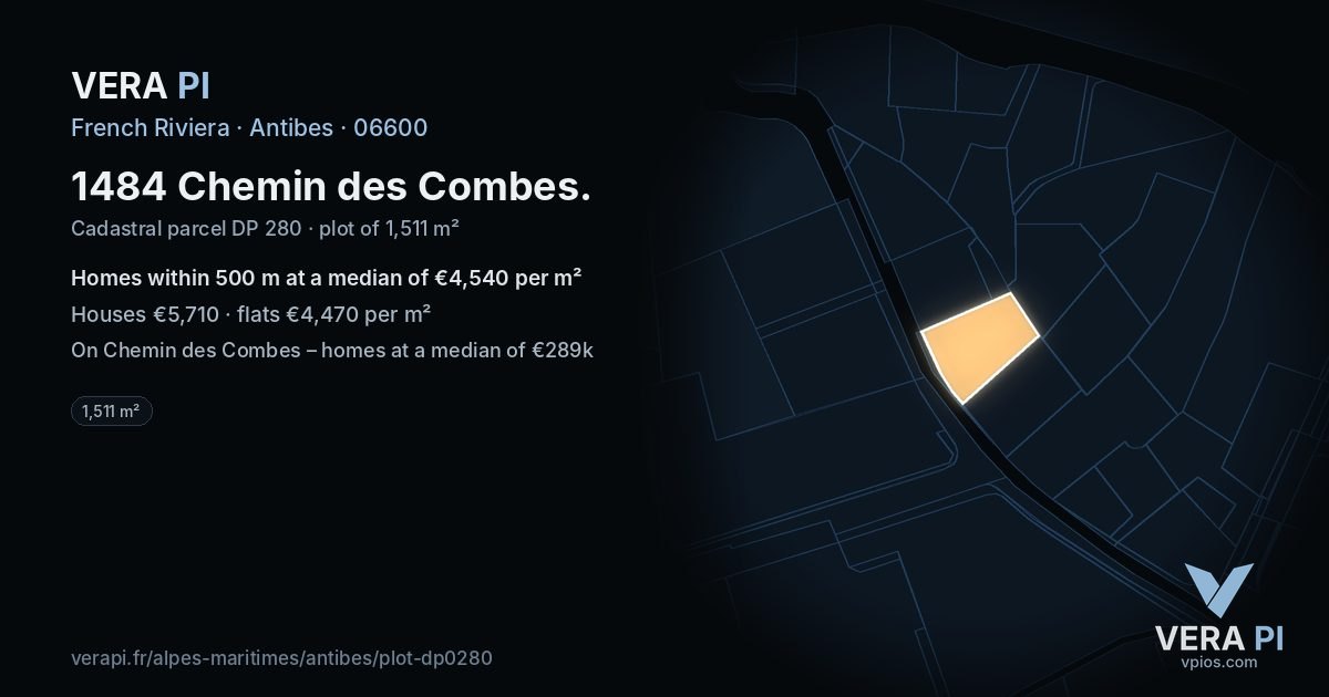 1484 Chemin des Combes, Antibes at night – the plot lit, the parcels around coloured by the prices near them