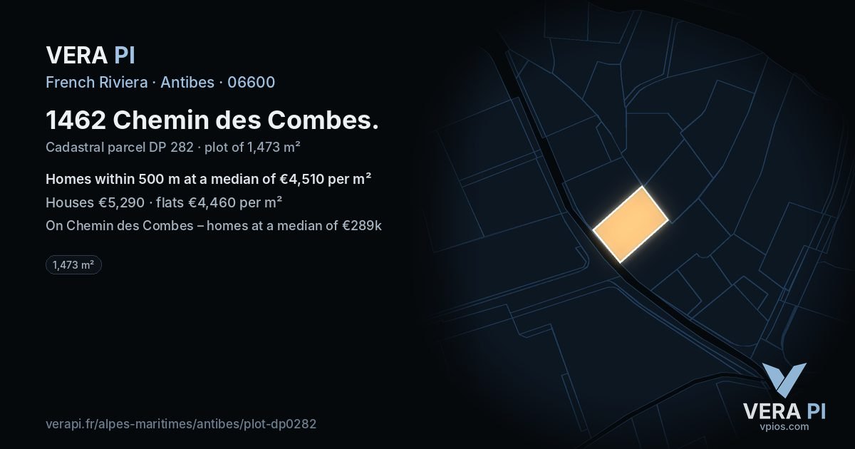 1462 Chemin des Combes, Antibes at night – the plot lit, the parcels around coloured by the prices near them