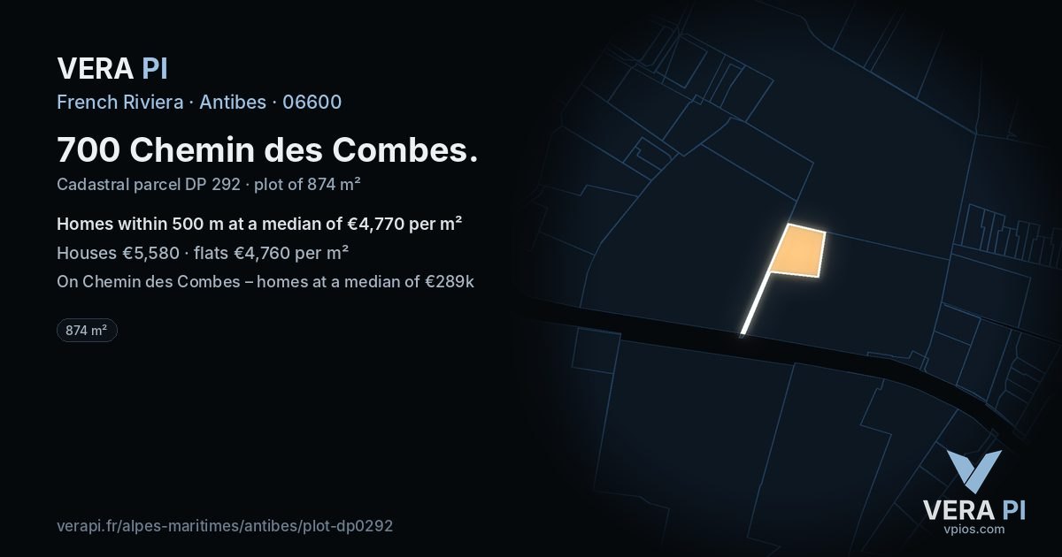 700 Chemin des Combes, Antibes at night – the plot lit, the parcels around coloured by the prices near them