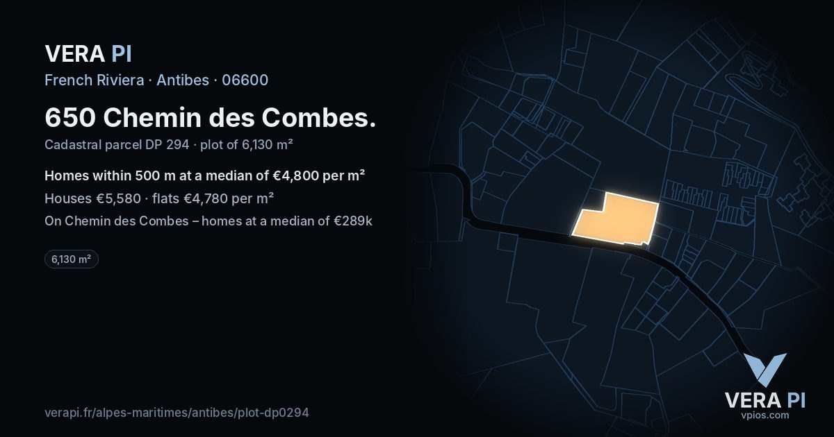 650 Chemin des Combes, Antibes at night – the plot lit, the parcels around coloured by the prices near them
