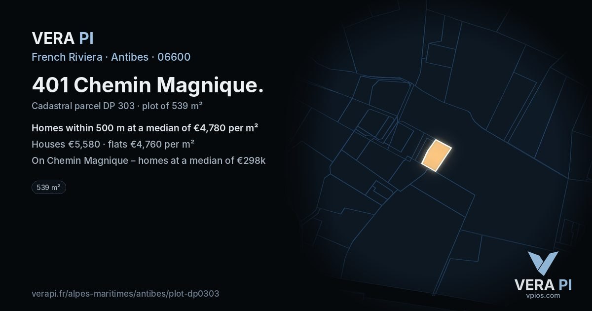 401 Chemin Magnique, Antibes at night – the plot lit, the parcels around coloured by the prices near them