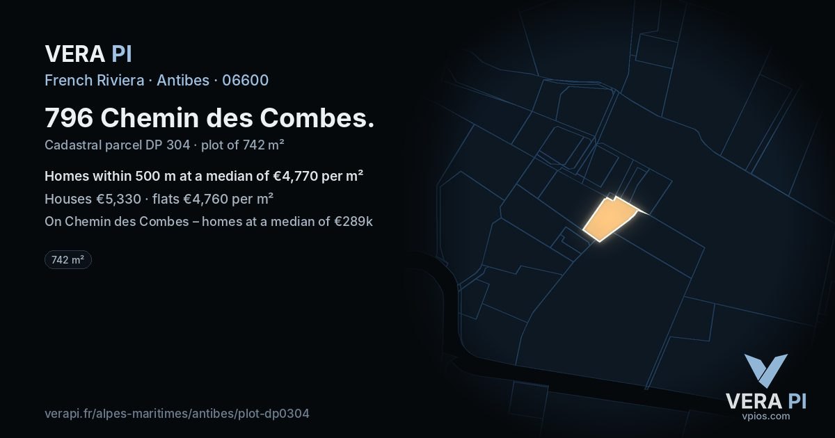 796 Chemin des Combes, Antibes at night – the plot lit, the parcels around coloured by the prices near them
