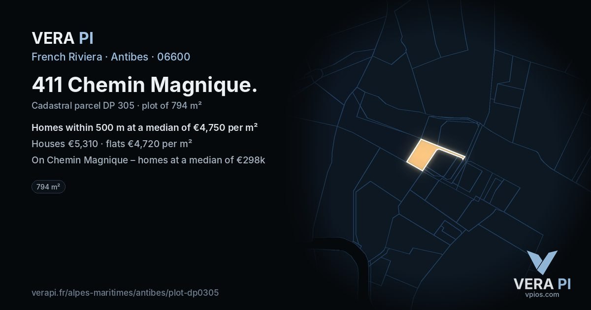 411 Chemin Magnique, Antibes at night – the plot lit, the parcels around coloured by the prices near them