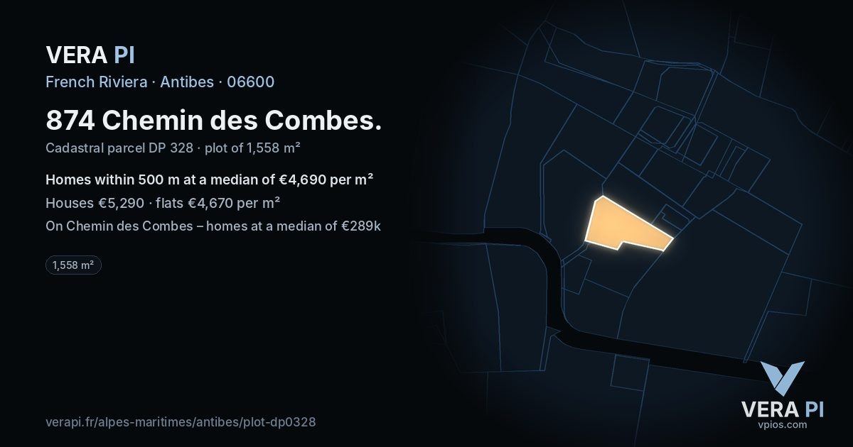 874 Chemin des Combes, Antibes at night – the plot lit, the parcels around coloured by the prices near them