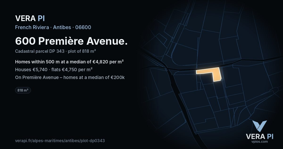 600 Première Avenue, Antibes at night – the plot lit, the parcels around coloured by the prices near them