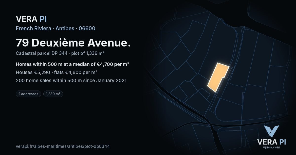 79 Deuxième Avenue, Antibes at night – the plot lit, the parcels around coloured by the prices near them