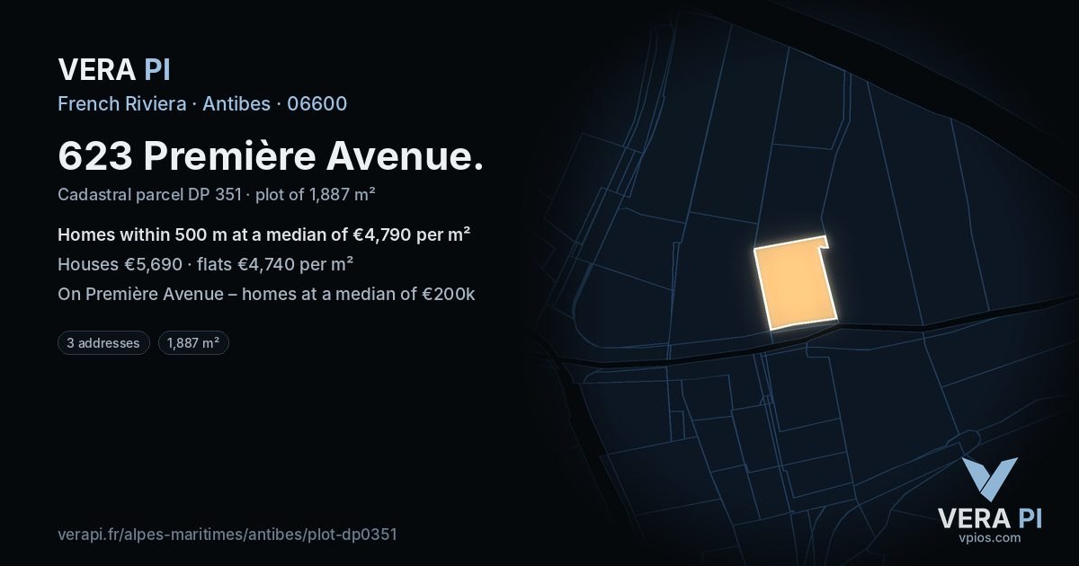 623 Première Avenue, Antibes at night – the plot lit, the parcels around coloured by the prices near them