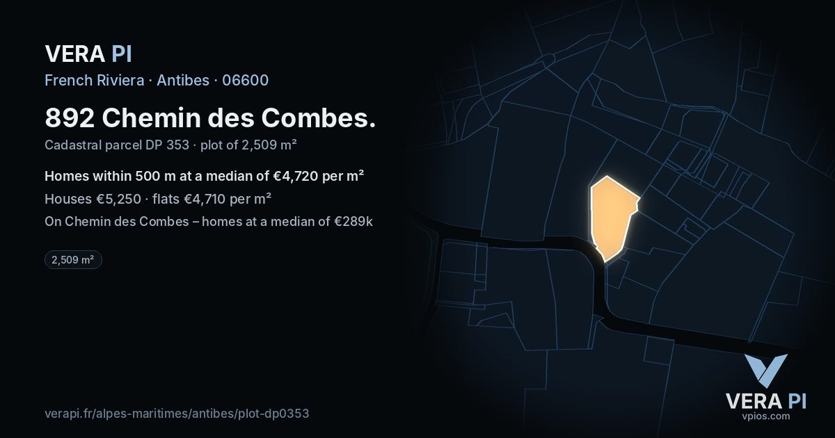 892 Chemin des Combes, Antibes at night – the plot lit, the parcels around coloured by the prices near them