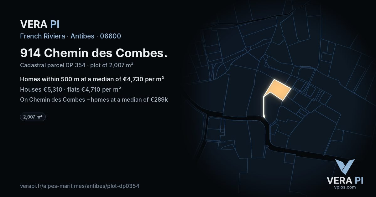 914 Chemin des Combes, Antibes at night – the plot lit, the parcels around coloured by the prices near them