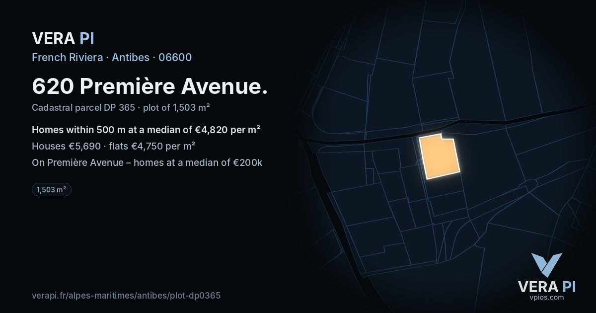 620 Première Avenue, Antibes at night – the plot lit, the parcels around coloured by the prices near them